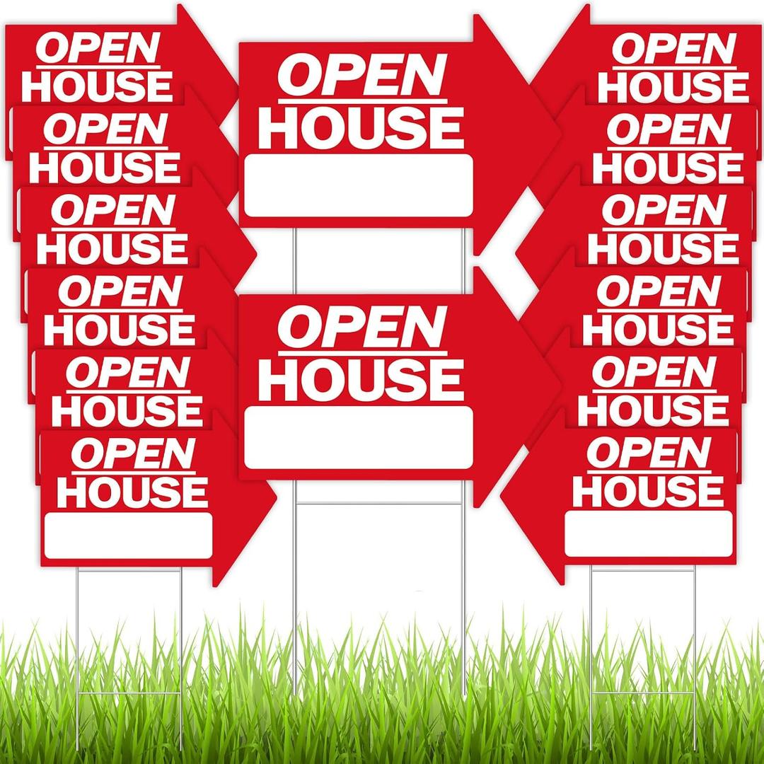 Juexica 14 Pcs Open House Signs for Real Estate 18 x 24 Inch Double Sided Arrow Shape Directional Signs Red and White Plastic Real Estate Sign Posts with H Stakes Yard Agent Supplies