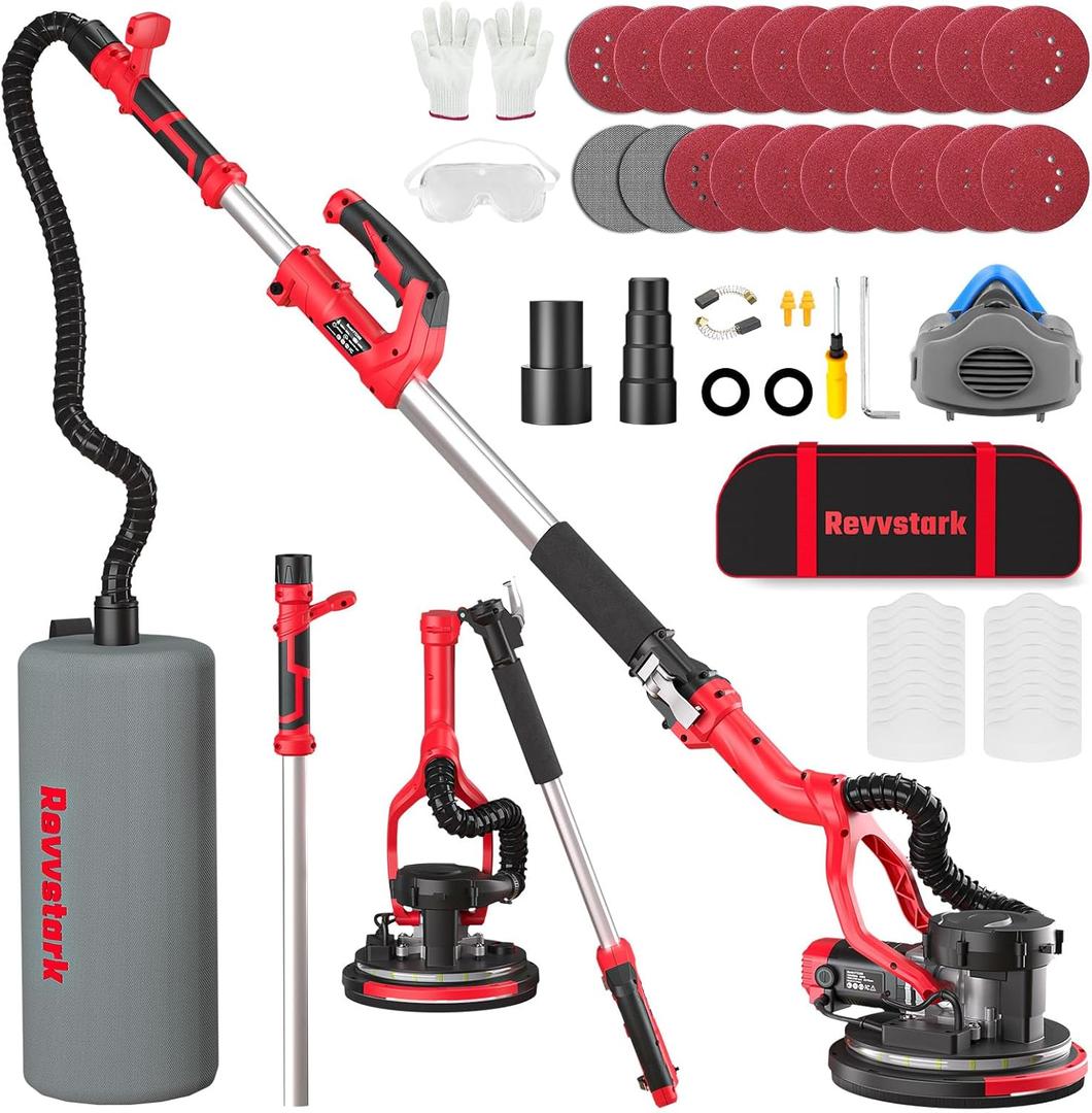 Drywall Sander, Electric Drywall Sander with Vacuum Dust Collection 7.33-Amp 880W, Floor Sanders 5 Variable Speed 1000-2100RPM with LED Light, 18Pcs Sanding Discs & 2Pcs Grid Sandpaper, Dust MaskRed