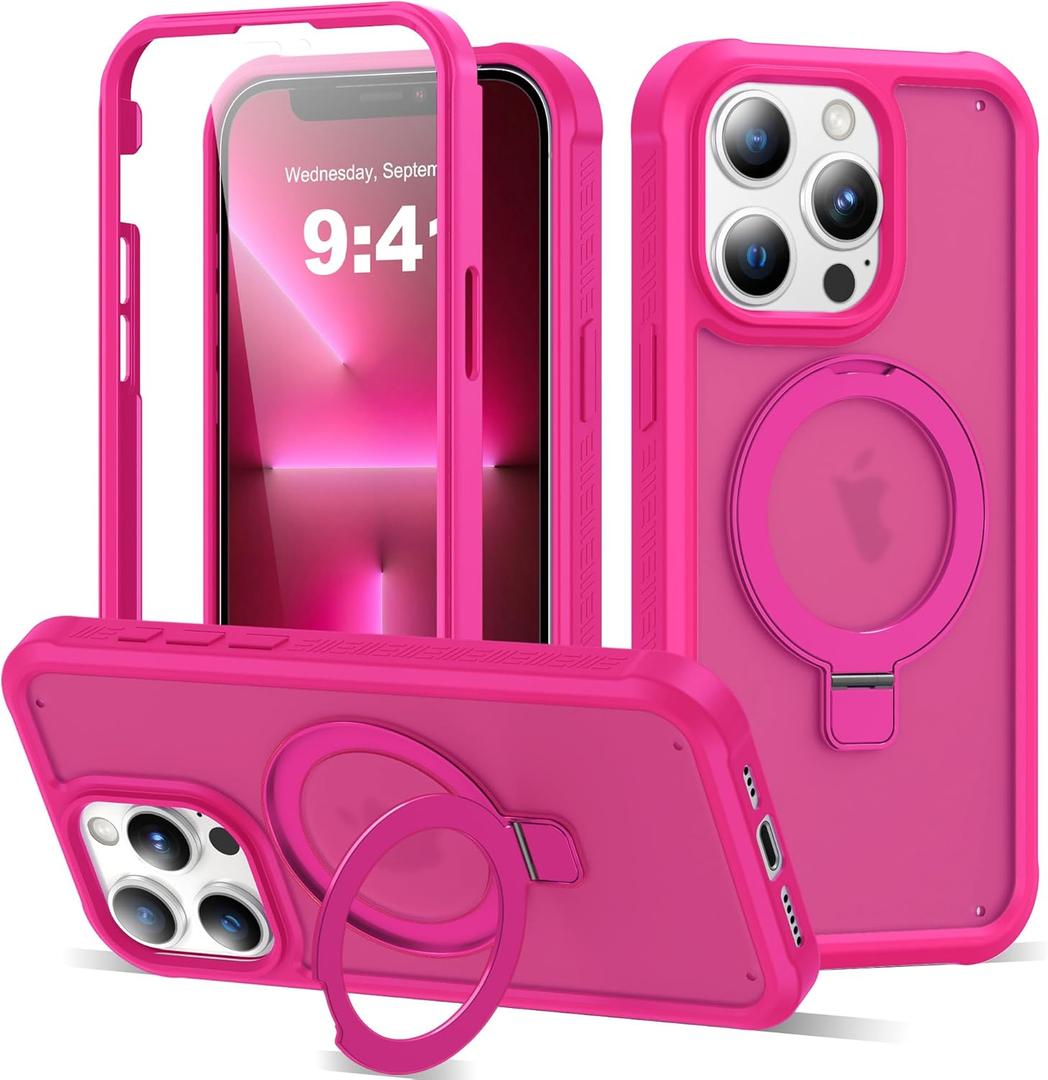 Compatible with iPhone 13 Pro Max Case with Magnetic Ring Stand [Compatible with Mag-Safe] [Built-in Screen Protector] Military-Grade Drop Protection Matte Translucent Phone Case, Rose Red