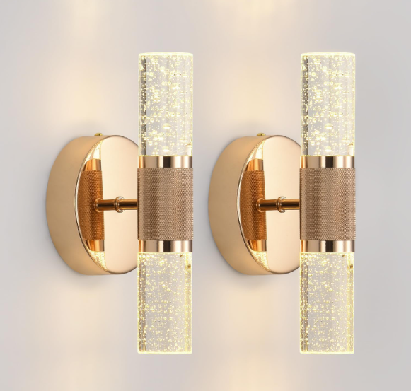 Gold Crystal Wall Sconces Set of 2, 10W LED Bubble Glass Bathroom Vanity Lights with Adjustable Color Temperature, 9.8" Indoor Wall Lighting for Bathroom, Hallway & Bedroom
