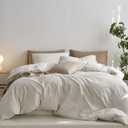 MooMee Striped Duvet Cover Set 100% Washed Cotton Linen Like Textured Breathable Durable Soft Comfy (White Tannish Linen Grey Wide Stripes, King 104"x90")