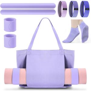 Yoga Bag Set for Women Including Yoga Mat Tote Bag Booty Resistance Band Non Slip Sports Socks Silicone Ties for Pilates Travel Workout Office (Without Mat) (Purple)