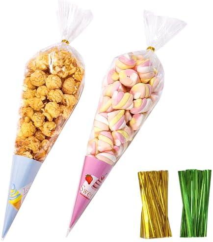 QOIUSO Cone Shaped Cellophane Treat Bags: 100 Pcs 8x 14 inches Clear Treat Bags Triangle Cello Bags - Plastic Cone Bags with Twist Ties for Popcorn Treat Candy Goodie Gifts and Party Favors Packaging