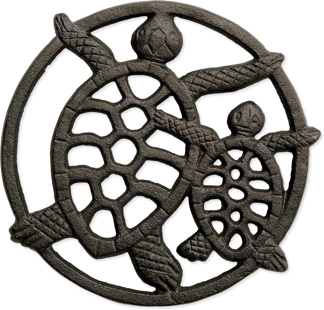 GASAR, Cast Iron Trivet for Hot Dishes, Pots, and Pans, Metal Trivet, 2 Turtle Design, Rubber Feet Caps, Ring Hanger, 8.75 Inches, Brown, 1 Unit