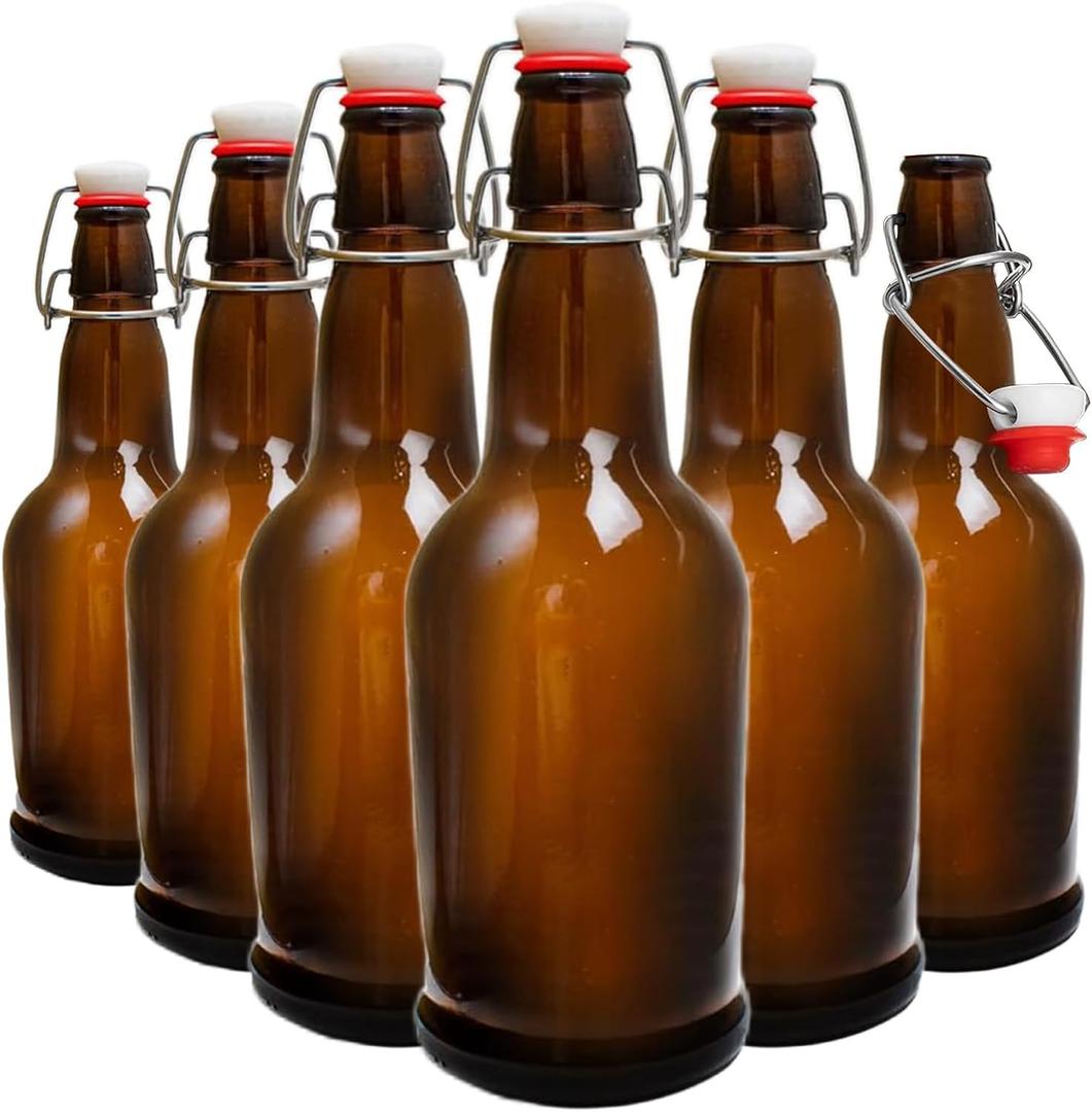 Swing Top Glass Bottles, 6 Pack Flip Top Beer Bottles with Airtight Lids,16 Oz Amber Glass Bottle with Lids, Kombucha Bottles, Beer Bottles for Home Brewing and Wine, Mead, Fermentation