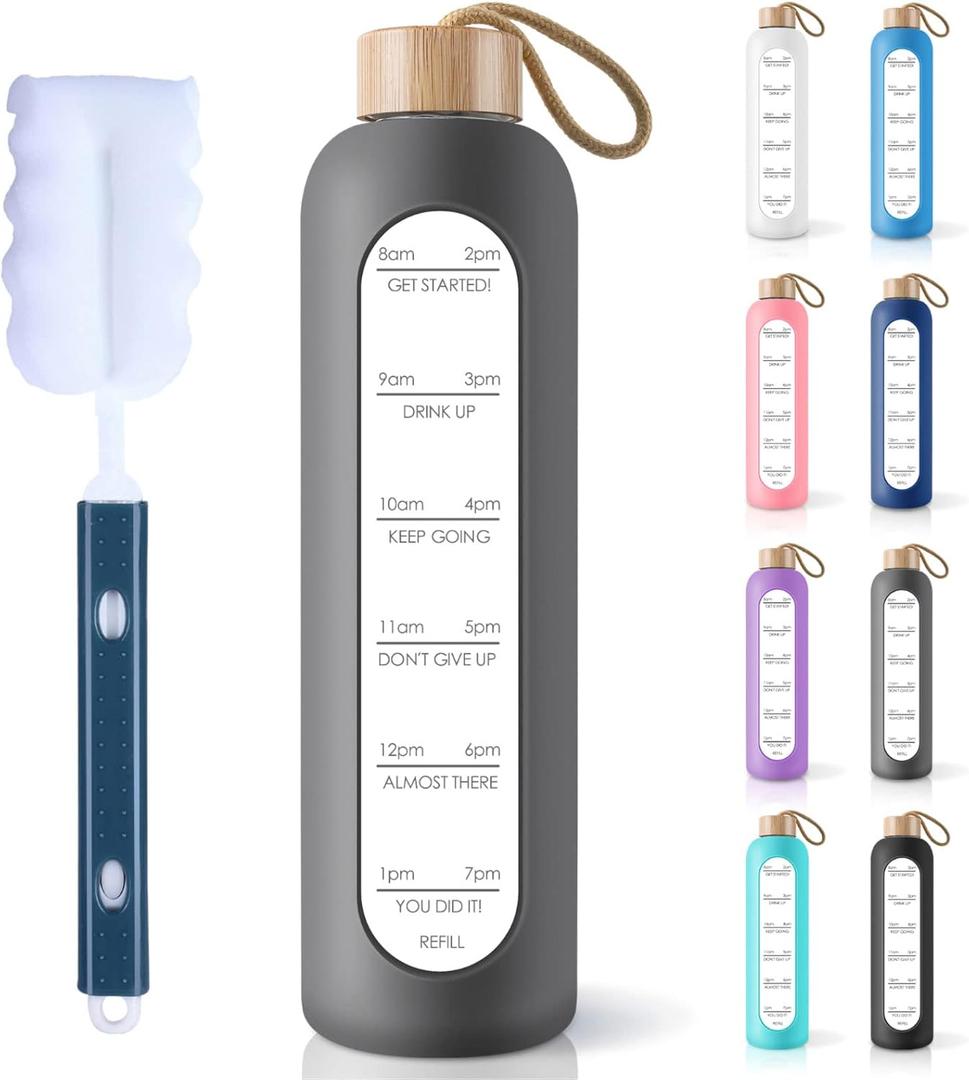 PROBTTL Borosilicate Glass Water Bottle with Time Marker Reminder Quotes, 1 Liter Leak Proof Reusable BPA Free Motivational Water Bottles with Silicone Sleeve and Bamboo Lid (32 Ounces, Grey)