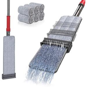 MASTERTOP Flat Floor Mop, 2 in 1 Hand-Free Mops, 360° Rotating Squeeze Mop, Self Wringing Mops for Cleaning Hardwood Tile Laminate Floors and Walls, Send 6 Reusable Microfibre Pads 
