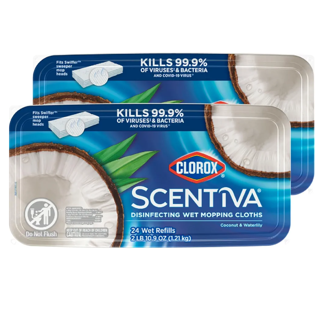 Clorox Scentiva Disinfecting Wet Mop Pad, Disposable Mop Heads, Coconut and Waterlily, 2 Packs, 24 Wet Refills Per Pack