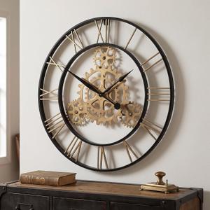 Cuspin 30 Inch Large Wall Clock Black Gold Roman Numeral Gears Wall Clock