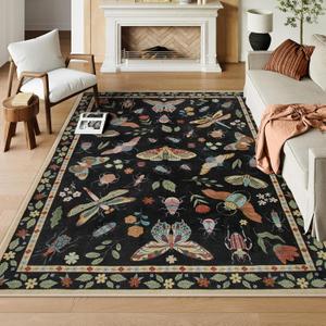 Lahome Insect Washable Rugs for Living Room, Soft Area Rug 6x9 Rug for Bedroom Ultra-Thin Non Slip Dining Room Rug, Stain Resistant Black Rug Large Carpet for Office Nursery Vionnet(6'x9',Black)