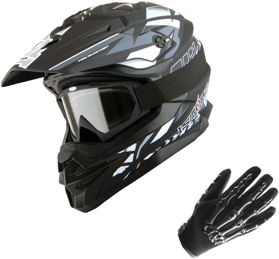 1Storm Motocross Adult Helmet Downhill Mountain Bike Helmet BMX MX ATV Dirt Bike Storm Style HF803; Storm Black + Goggles + Skeleton Black Glove Bundle (Helmet Size:Large)