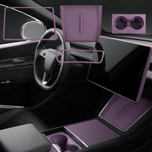 4PCS Silicone Center Console Accessories Kit for Tesla Center Console Mat Cup Holder Insert Screen Edge Protector Frame Mirror Frame Protectors (Plum Purple Model Y Juniper/3 Highland Universal)