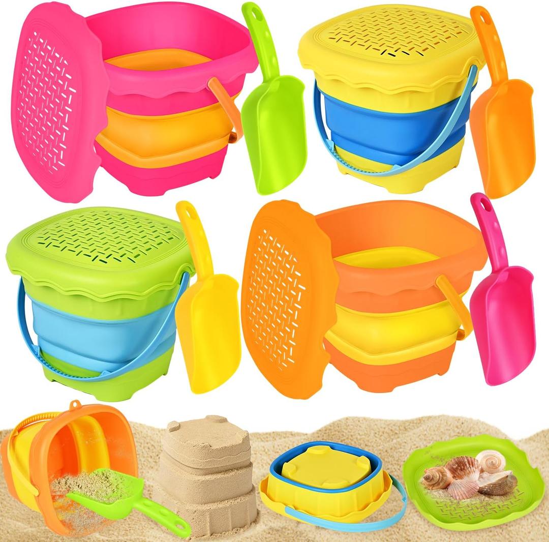 OCHIDO 4 Pack Collapsible Beach Toys for Kids Toddlers, Sand Toys with 4 Collapsible Beach Bucket with Sifter, 4 Beach Shovel and Storage Mesh Bag, Travel Sandbox Toys Beach Essentials for Age 3-10