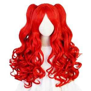 Half and Half Long Curly Red Ponytail Wig Vibrant Red Clown Wig Twin Tail Wigs for Halloween Party Costumes