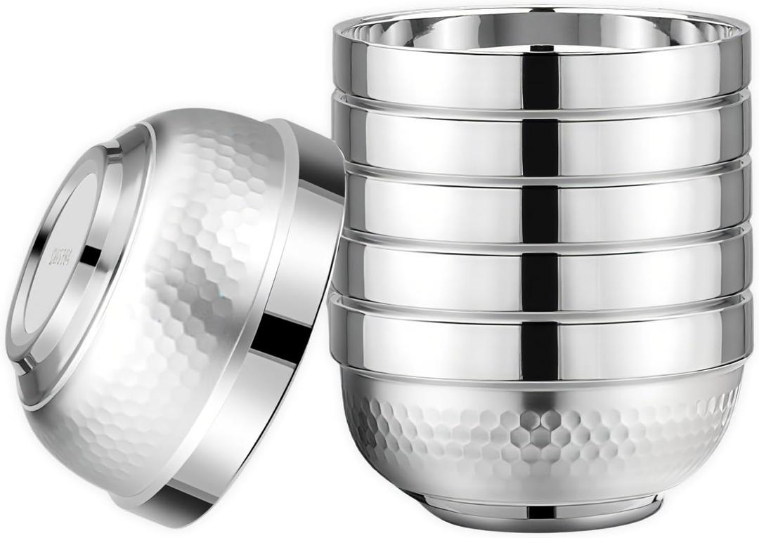 ZENFUN 6 Pack 18/8 Stainless Steel Bowls, 17 Oz Soup Bowl Double-walled Insulated Bowls, 5 Inch Snack Cereal Bowl for Rice, Fruit, Salad Ice cream, Food-grade