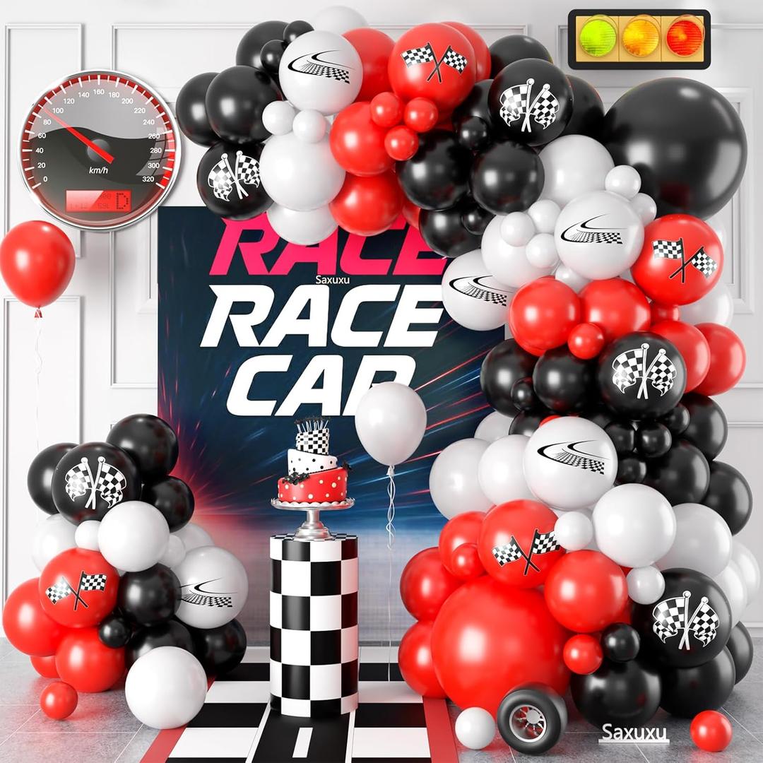 Race Car Balloon Arch Garland Kit, Red Black White Party Latex Balloons with Checkered Flags for Boy Racing Car Themed Birthday Party Decorations Baby Shower Transportation Backdrop Supplies