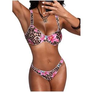 SweatyRocks Women's 2 Piece Leopard Floral Print Swimsuit Bathing Suit Textured Pattern Bikini Set, Medium