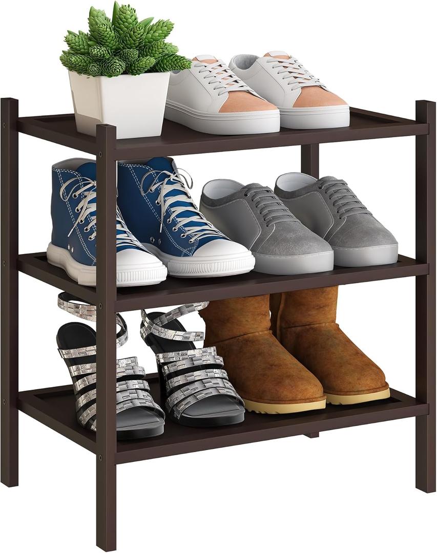 BMOSU 3-Tier Bamboo Small Shoe Rack Premium Stackable Shoe Shelf Storage Organizer for Hallway Closet Living Room Entryway Organizer(Brown) (Small-3-Tier17*11*18.3inches, Brown)