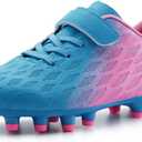 brooman Kids Firm Ground Soccer Cleats Boys Girls Athletic Outdoor Football Shoes(11.5,Blue Pink)