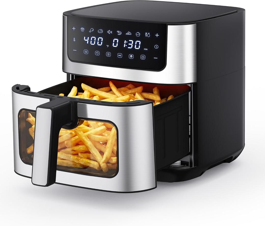 NEWBULIG Air Fryer 6.34QT, Airfryer with Visible Window, 400 Fast Heating Air Fryers Oven with Nonstick and Dishwasher-Safe Basket, 8-in-1 Cooking Preset, TimerAuto-Off, Stainless Steel, Black