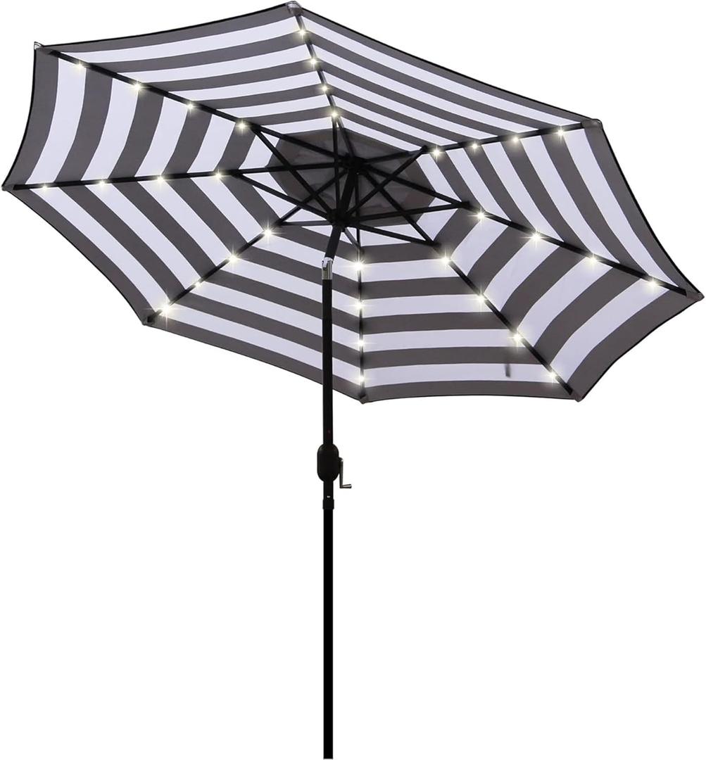 Blissun 9 ft Solar Umbrella 32 LED Lighted Patio Umbrella Table Market Umbrella with Tilt and Crank Outdoor Umbrella for Garden, Deck, Backyard, Pool and Beach (Black and White)