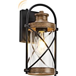 OKELI Dusk to Dawn Outdoor Wall Lights Fixtures, Waterproof Exterior Lighting Fixtures with Photocell Sensor,Vintage Faux Wood Grain Metal Cage Lantern Outside Lights for Porch Patio House Garage
