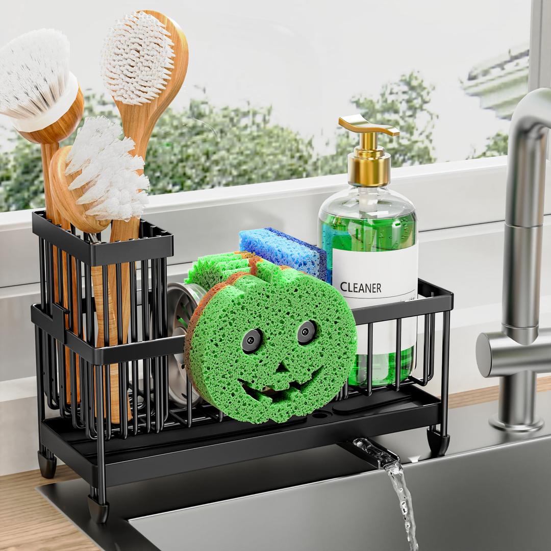 Sponge Holder for Kitchen Sink, Sink Caddy Organizer with High Brush Holder, Kitchen Countertop Organizers and Storage Essentials, Rustproof 304 Stainless Steel