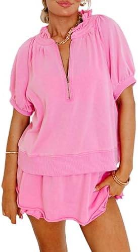 KevaMolly Women's 2 Piece Lounge Sets Casual Short Sleeve Outfits Half Zip Puff Sleeve Top and Ruffled Shorts Set, XL