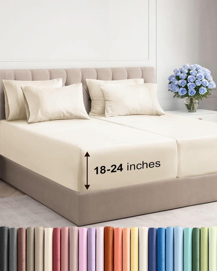 Extra Deep Split King Sheet Set - 7 Piece Breathable and Cooling Sheets - Hotel Luxury Bedding for Women, Men, Kids & Teens - Easy Secure Fit - Soft and Wrinkle Free - Extra Deep Pockets - Off White