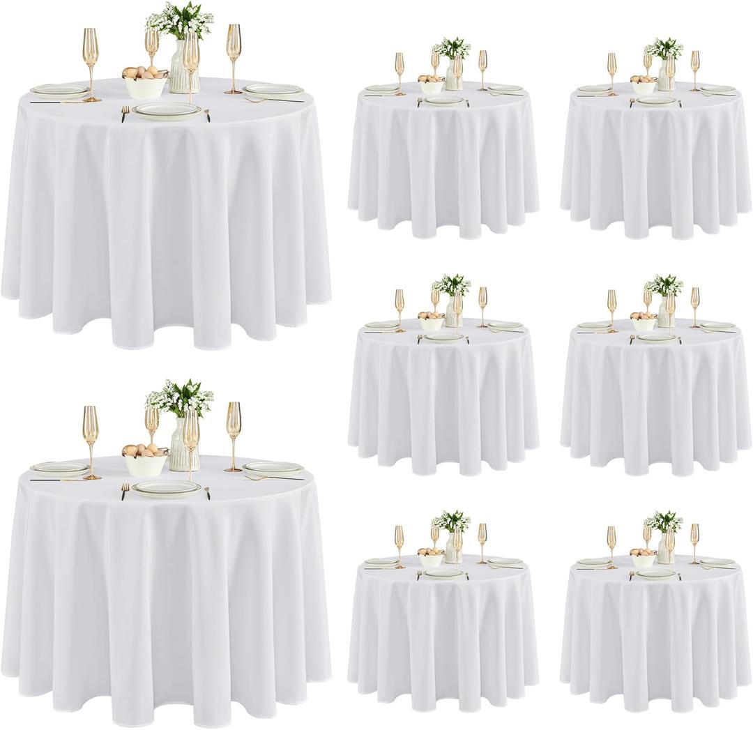 Fitable 8 Pack Round Tablecloths: Stain Resistant Wrinkle Free Circle Table Clothes, Washable Reusable Polyester Table Covers for Wedding Party Birthday Banquet Reception (White, 120 Inch)