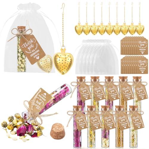 Mimorou 12 Sets Tea Party Favors Tea Party Decorations Bulk for Guests Include Heart Shaped Infuser Glass Jar Thank You Gift Tag Drawstring Organza Bag for Wedding Bridal Shower Souvenir