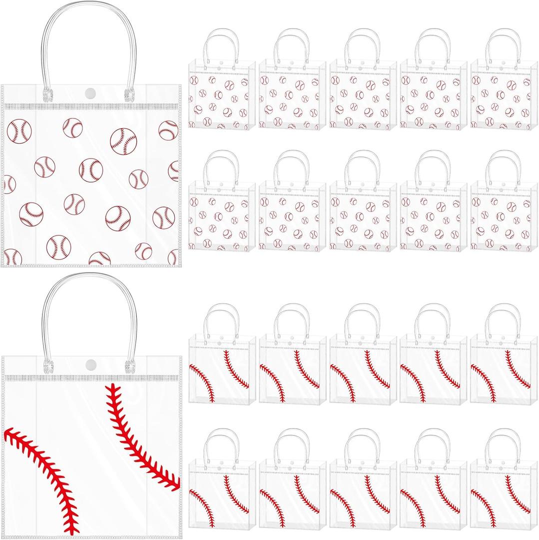 Kosiz 24 Pcs Baseball Clear PVC Gift Goodie Bags with Handles Baseball Theme Party Favor Snack Candy Treat Tote Bag Bulk for Team Gifts Birthday Decorations Supplies, 7.87 x 7.87 x 3.14 Inch