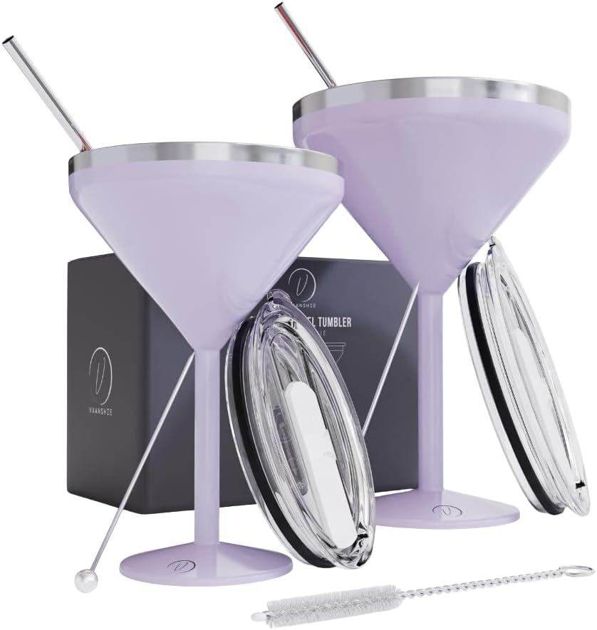 8 oz. Vacuum Sealed Martini Glass [Lilac/Set of 2] - Stainless Steel Martini Glass, Insulated Tumbler with Straws, Olive Pins, Straw Cleaner, Insulated Glass for Mother's Day Gift