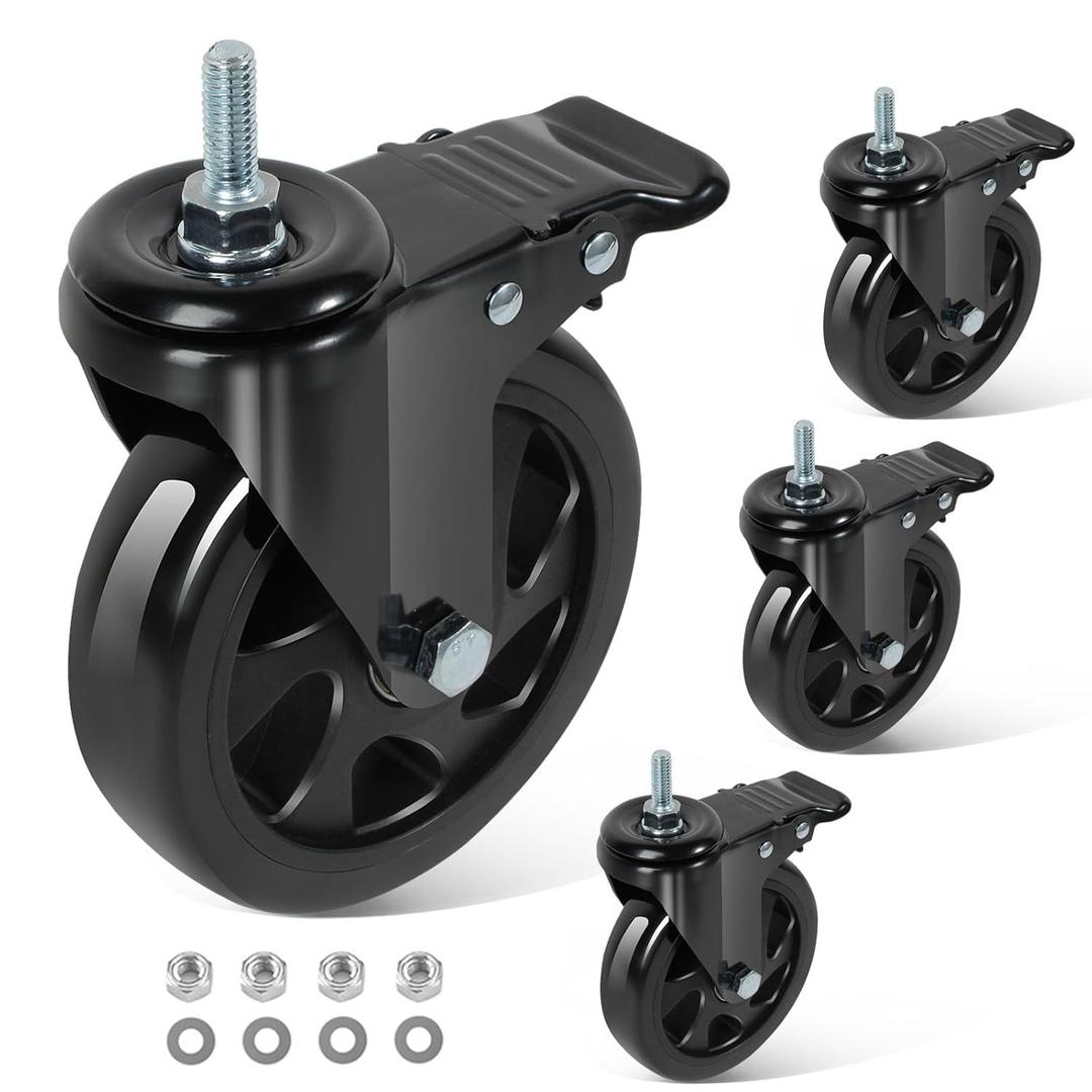 Caster Wheels 5 Inch, Swivel Threaded Stem Casters Set of 4 Heavy Duty 2400lbs, 3/8" -16 x 1 (Stem Diameter 3/8", Stem Length 1") Locking Casters Wheels Black