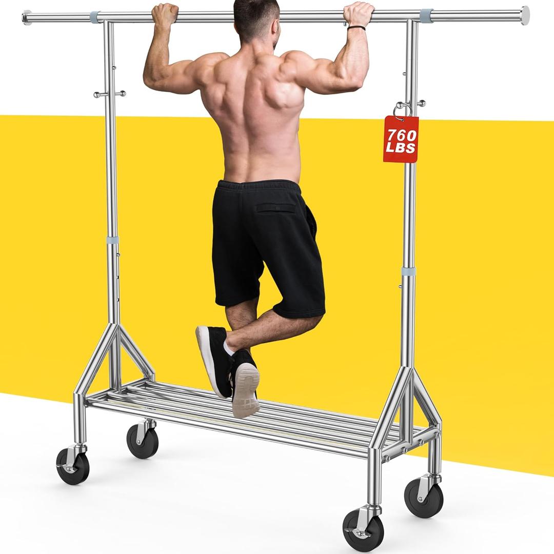 Upgraded 100% Stainless Steel Clothing Rack Load 760LBS, Heavy Duty Clothes Racks with Larger & Sturdy Wheel, Extendable & Adjustable Rolling Garment with Shelves for Hanging Portable Closet Rack (Silver)