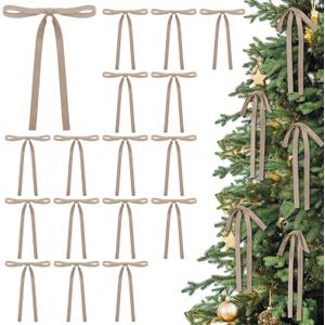 24 Pcs Velvet Bows Christmas Tree Ornaments Vintage Double Faced Velvet Ribbon Bows for Tree Garland Wreath Indoor Outdoor Xmas(5 x 7 Inch, Width of 3/8",Camel)