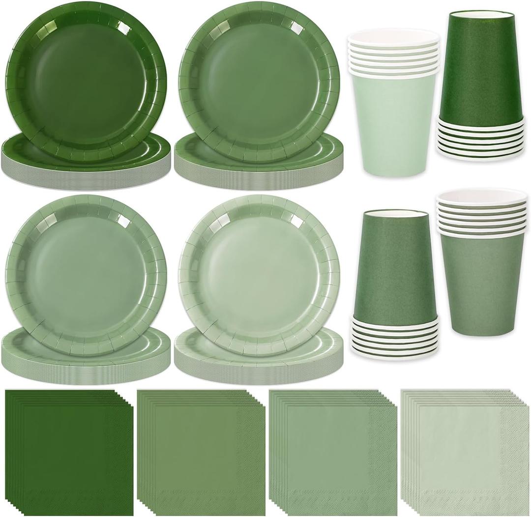 Whaline 244Pcs Sage Green Tableware Set Serves 48 Gradient Green Disposable Dinnerware 48 9" Plates 48 7" Plate 48 9oz Cups 100 Napkins for Wedding Birthday Party Supplies