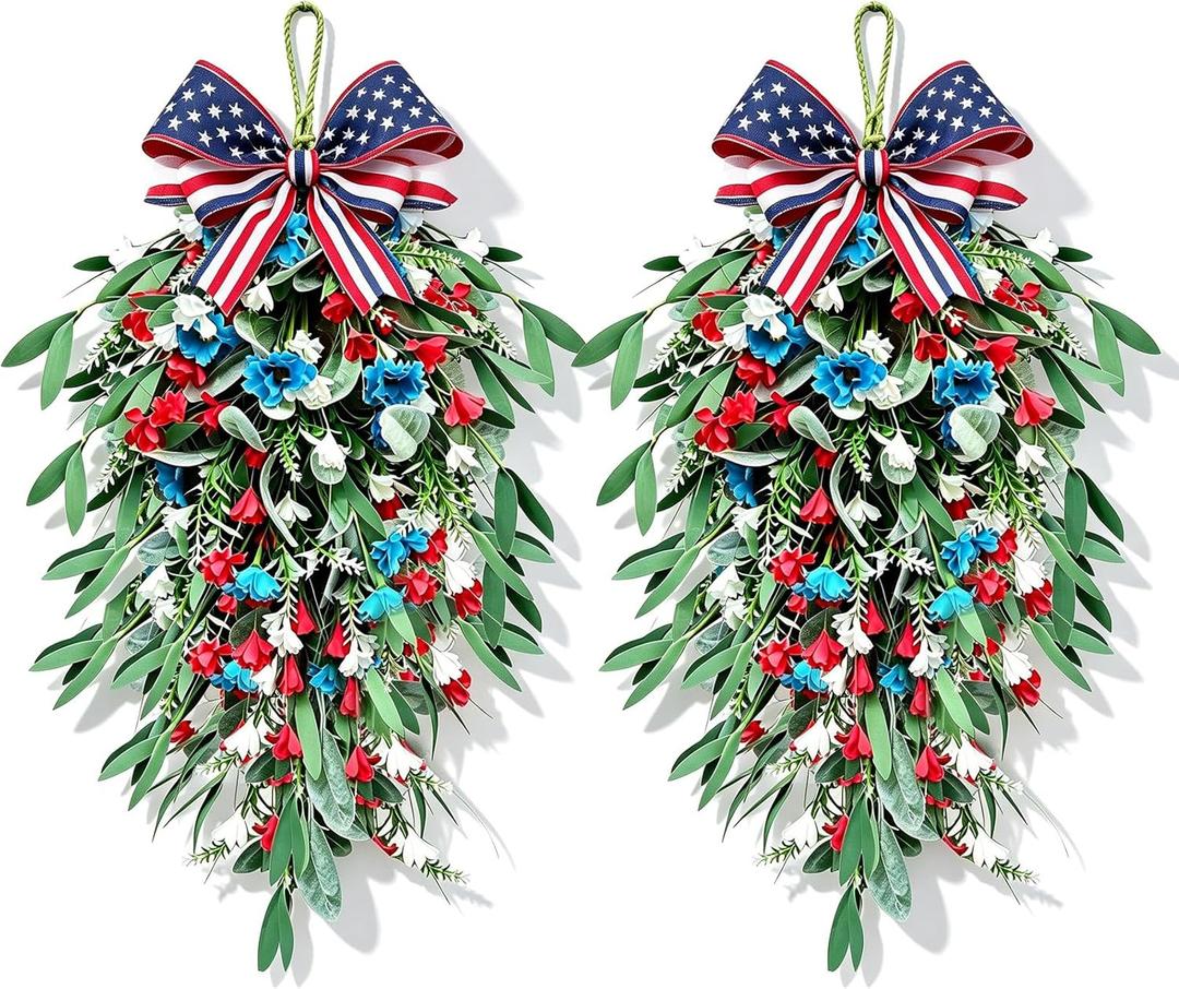 2 Pack 21'' 4th of July Swag Wreaths for Cabinets Independence Day Floral Teardrop Wreath with Artificial Flower and Eucalyptus Leaves Wreath Hanger for Farmhouse Front Door Porch Window Wall