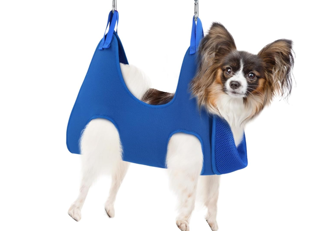Dog Grooming Hammock Harness for Dogs & Cats with Pet Nail Clipper Trimmer - Cat Hanger Sling for Trimming Clipping Nails- Dog Hammock Restraint Bag for Small Dog, Blue XS