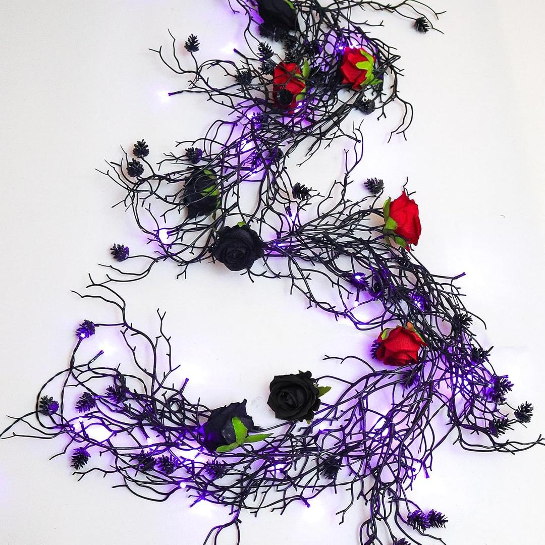 RECUTMS Black Flower Garland Decorations with 2pcs Purple Lights Strings Artificial Flowers Garlands for Silk Halloween Rose Vines Plastic Table Party Mantle Porch