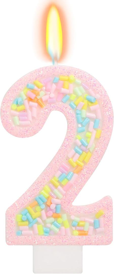 Number 2 Candle with Sprinkles, Pastel Pink Unicorn Rainbow Cake Topper, Two Sweet Birthday Decorations for Girl 2nd Birthday Party Supplies