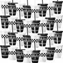 Sieral 30 Pcs Checkered Cups with Straws and Lids 16 oz Race Car Cups White Black Checkered Flag Plastic Tumblers Reusable Iced Coffee Travel Mug for Racing Party Supplies Decorations