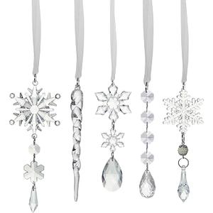 5Pcs Hanging Ornaments for Christmas Chandelier Garland Strands Snowflake Ornament Acrylic Clear Beads Prisms Pendant for Christmas Tree Window Home Decoration