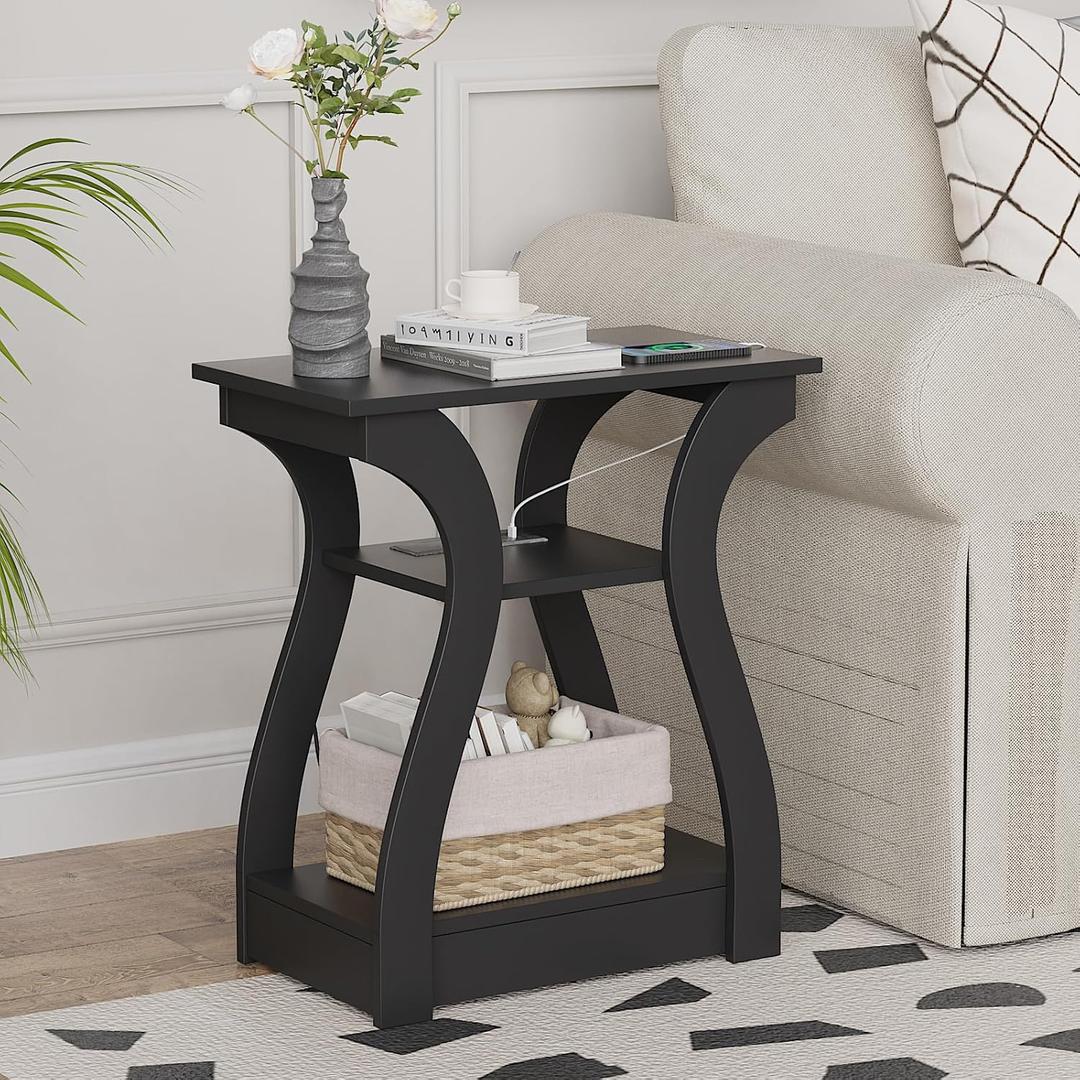 FROMJBEST End Table with Charging Station, Side Table with USB Ports and Outlets, Nightstand, 3 Tier End Table with Storage Shelf for Living Room, Bedroom (Black)