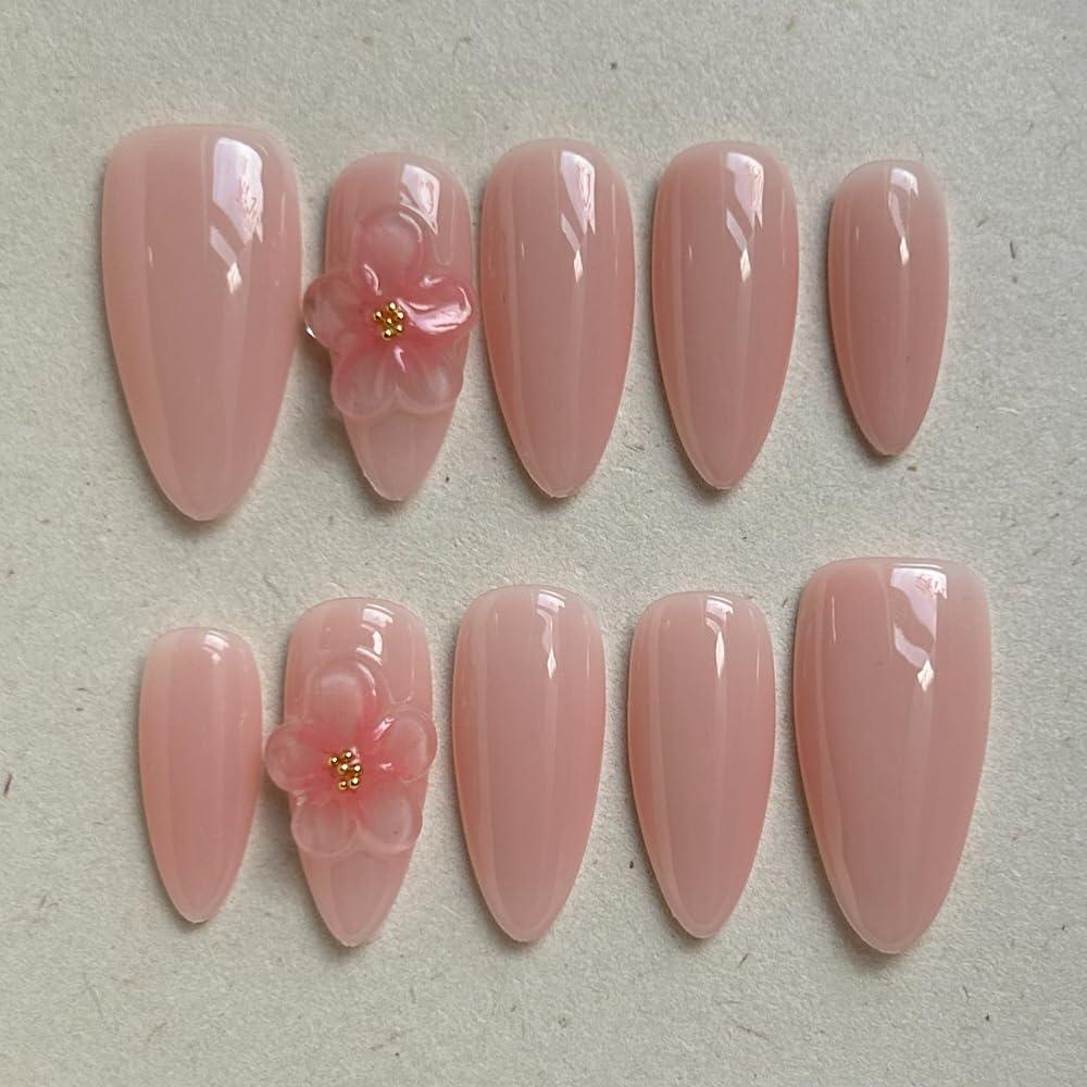 MAGLFELL Press On Nails Medium Almond Shape False Nails, Handmade Acrylic Gel Fake Nails with Art Designs, Reusable 10 Pcs 3D Nails for Women DIY Manicure Kit