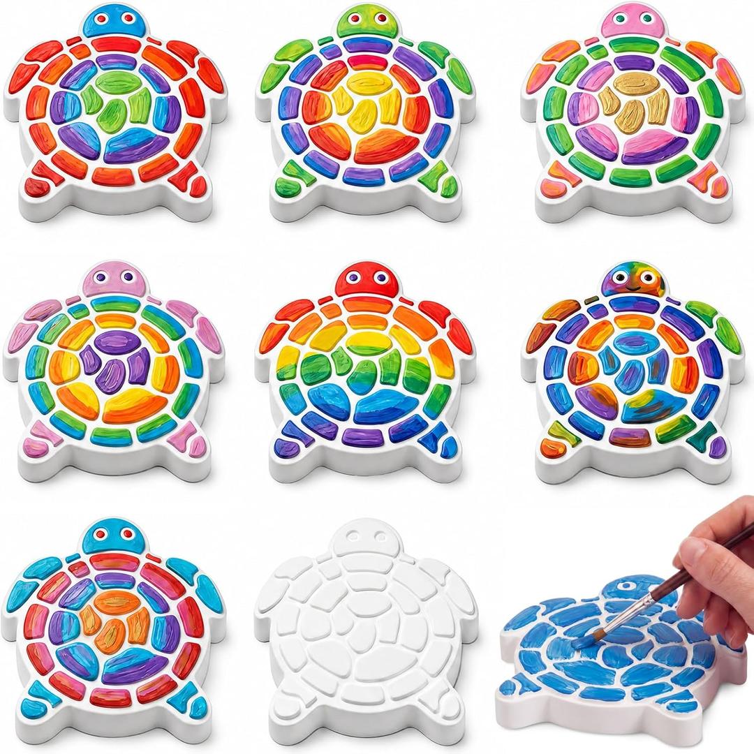 2 x Lewtemi 8 Pcs Paint Your Own Stepping Stones for Craft, DIY Plaster Stepping Stones Garden Decor Painting Art Set for Art Class, Summer Activities & Home Decor (Turtle)