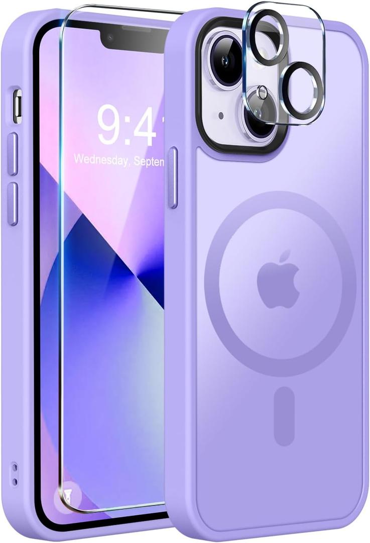 MOCCA Strong Magnetic for iPhone 13 Case, [Compatible with Magsafe][Screen Protector+Camera Lens Protector] Translucent Matte Back Slim Shockproof Case for iPhone 13 Phone Case 6.1", Light Purple