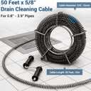 Drain Cleaning Cable, 50 Ft x 5/8" Professional Auger Drain Snake with 6 Cutters Crank Handle for 0.8" to 3.9" Pipes, for Toilet Sewer Shower Kitchen Bathroom Tub Clogged Drains