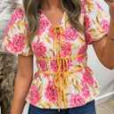 Cicy Bell Summer Babydoll Peplum Tops V Neck Puff Sleeve Bow Floral Shirts (L)