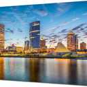 Milwaukee Wall Art Milwaukee Skyline Wall Decor Picture Canvas HD Printed Wisconsin Cityscape Night Poster Paintings Stretched Frame Home Living Room Bedroom Decorations(36x24 inches)